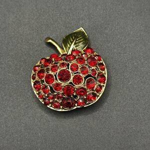 Enamel Rhinestone Apple Brooch Pin Forbidden Fruit Gold Tone Figural